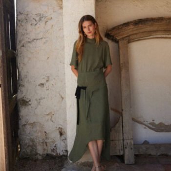 Asymmetric High-Neck Midi Dress