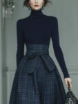 Women_sDarkBlueHighElasticKnitAndPlaidWoolSkirtSetMDA2592J7T