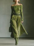Olive green off-shoulder top and faux suede skirt set£¨Includes belt£©
