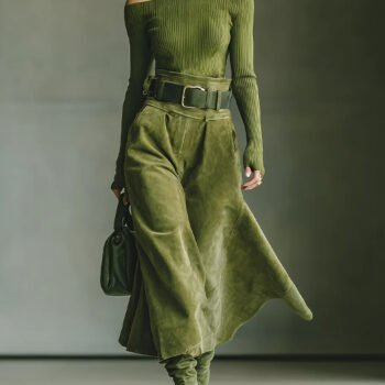 Olive green off-shoulder top and faux suede skirt set£¨Includes belt£©
