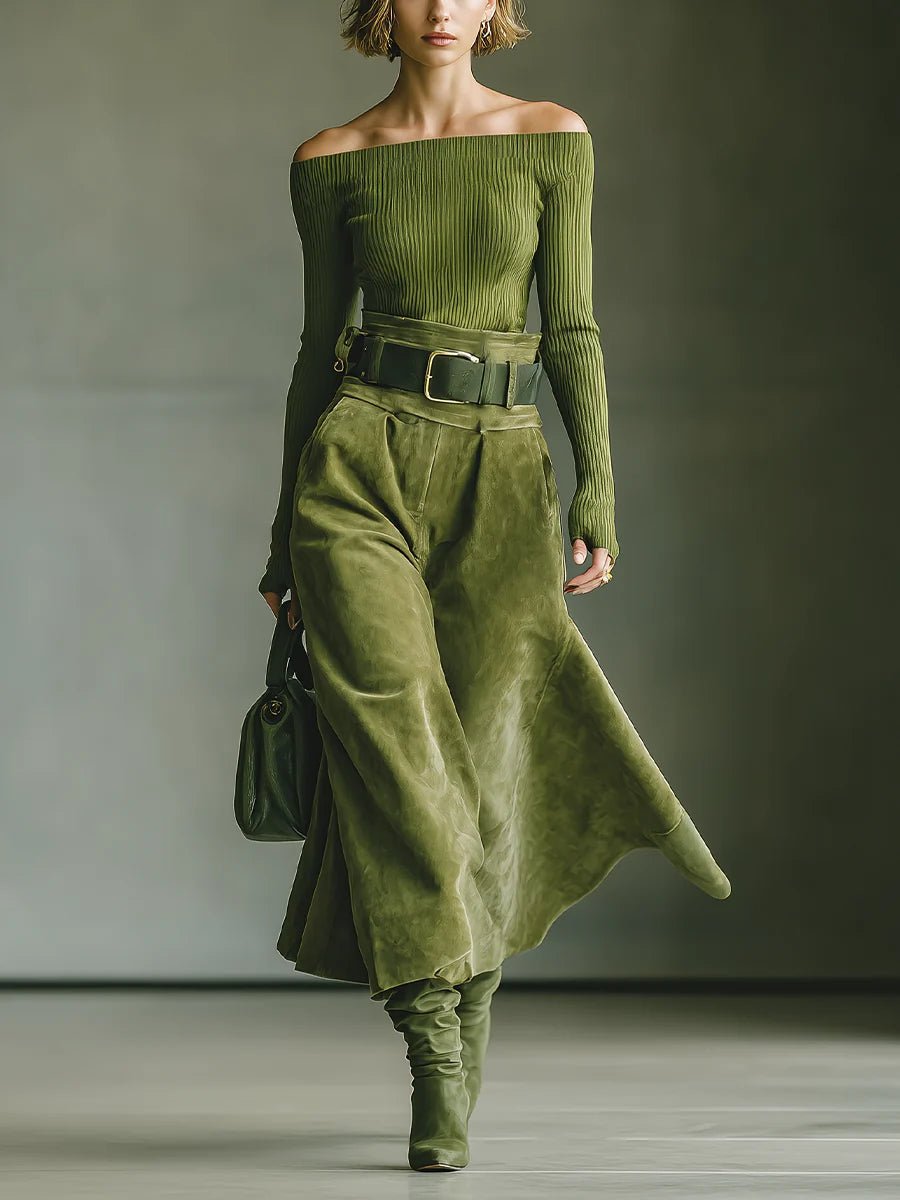 Women_sOliveGreenOff-the-ShoulderSweaterAndFauxSuedeSkirtSetMDA2434J6T