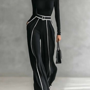White Trim High-neck Long-sleeved Top With Wide-leg Pants and Belt Set