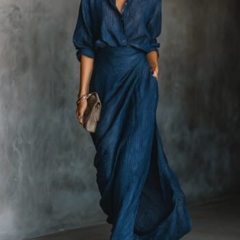 Elegant Dark Blue Cotton And Linen Blend Shirt Long Skirt Set