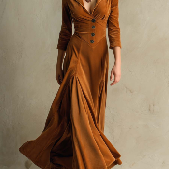 Brown Elegant Retro Suit Collar Velvet Long Dress
