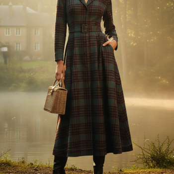 Dark Red And Green Plaid Lapel Vintage Long Dress