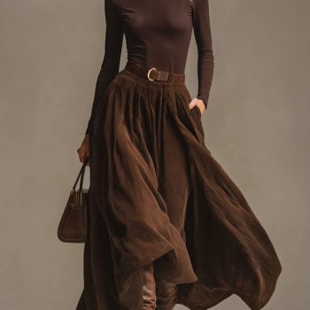 Dark Brown Turtleneck Top And Corduroy Skirt Set