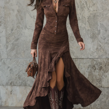 Retro Brown Irregular Ruffle Lapel Long Dress
