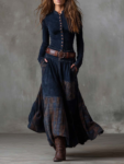 Navy Plaid Paneled Vintage Suede Maxi Dress(with belt)