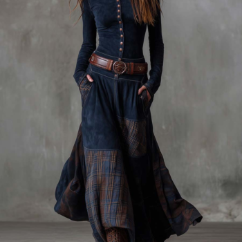 Navy Plaid Paneled Vintage Suede Maxi Dress(with belt)