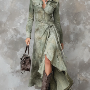 Vintage Sage Green Tie-Dye Pocket Slim Suede Maxi Dress