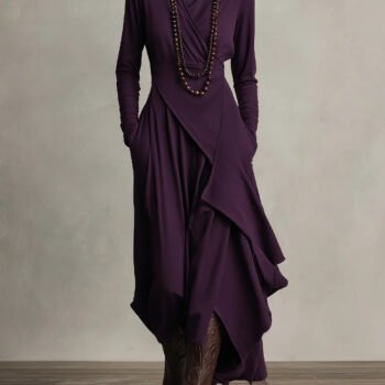 Purple High-neck Asymmetrical Pleated Dress