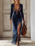 Ethnic Embroidery Navy Blue Faux Suede Slit Tassel Maxi Dress