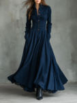Faux Suede Lace-trimmed Shirt Collar Maxi Dress