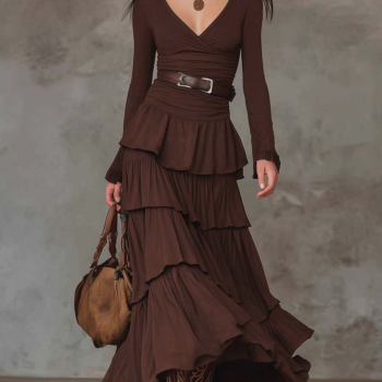 Brown Retro V-neck Multi-layered Ruffled Maxi Dress