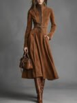 Brown Faux Suede Front Zipper Belted Elegant Maxi Dress