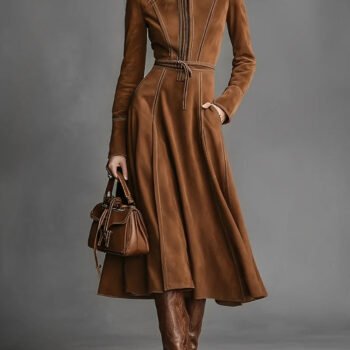 Brown Faux Suede Front Zipper Belted Elegant Maxi Dress