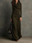 Olive Green Turtleneck Pleated Maxi Dress