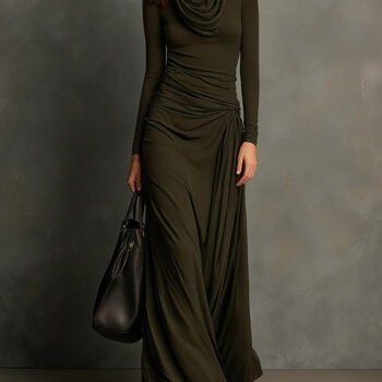 Olive Green Turtleneck Pleated Maxi Dress