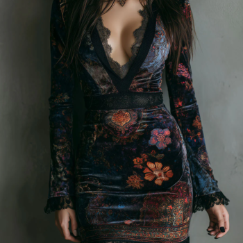 Floral Print V-neck Velvet Lace Trim Slim-fit Mini Dress