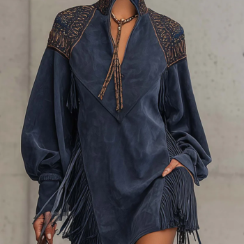 Indigo Faux Suede Embroidered Tassel Mini Dress