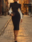 Stylish Black Midi Dress With Voluminous White Sleeves