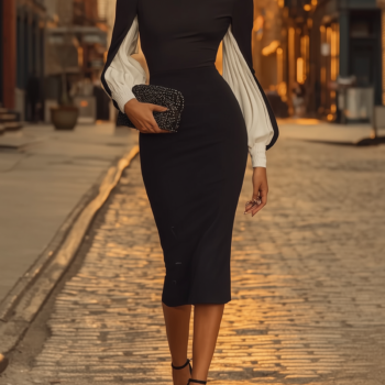 Stylish Black Midi Dress With Voluminous White Sleeves