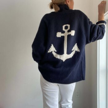 Varsity Chunky Anchor Cardigan-Navy
