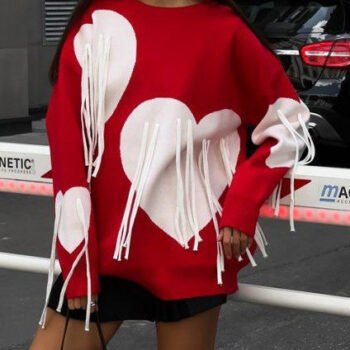 Heart Tassel Round Neck Loose Long Sweater