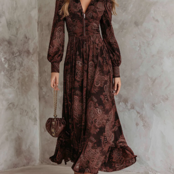 Brown Paisley Zippered Waist Maxi Dress