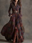 Retro Ethnic Style Lapel Reddish Brown Plaid Maxi Dress