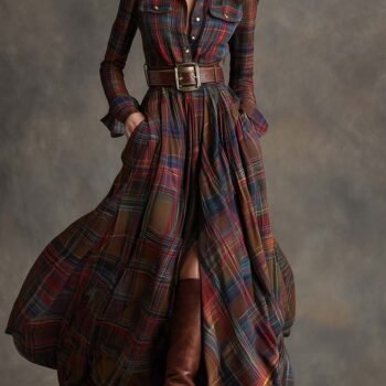 Retro Ethnic Style Lapel Reddish Brown Plaid Maxi Dress