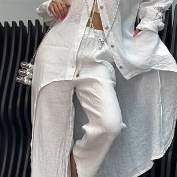 Women's Two-Piece Set of Cutout Back Shirt and Linen Trousers