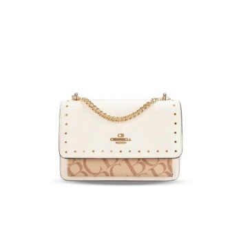 Studded Letter Print Chain Top Handle Bag