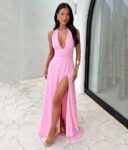 Shaina - Trendy V-Neck Slit Maxi Dress