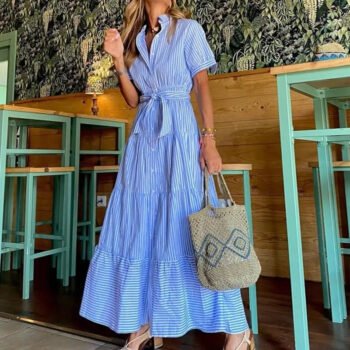 Coastal Stripe Edition ¨C Maxi Striped Dress with Slit & Belt