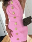 Ros¨¦ Cut-Out Mini Dress ¨C Pink Halter Mini with Gold Floral Buttons