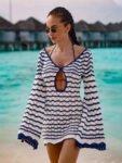 Boho Striped V-neck Mini Dress ¨C Open Knit Beach Cover Up