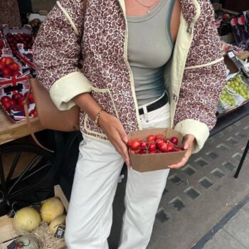 Small Floral Print Pocket Clip Cotton Drop Shoulder Jacket