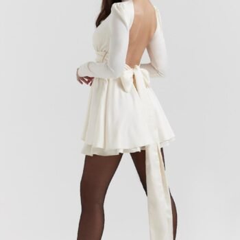 White Lace-Back Bow Detail Long Sleeve Dress