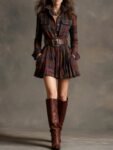 Vintage Lapel Red and Brown Plaid Mini Dress£¨Includes belt£©