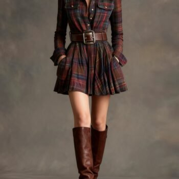 Vintage Lapel Red and Brown Plaid Mini Dress£¨Includes belt£©