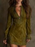 VintageBlueSuedeLaceTrimMiniDress