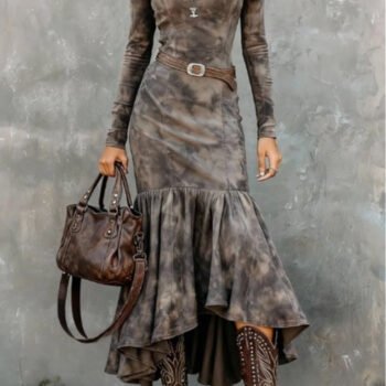 Vintage Polyester Flare Hem Midi Dress