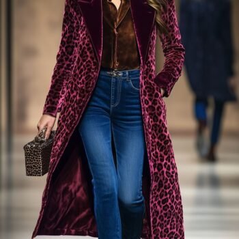 Casual Loose Vintage Velvet Leopard Print Colorblock Lapel Coat