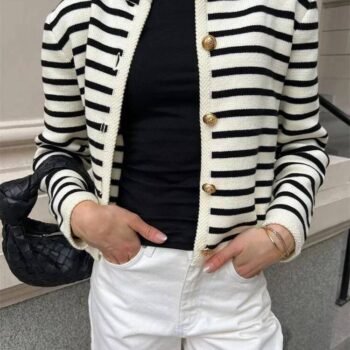 Vintage Striped Crew Neck Knitted Cardigan Jacket