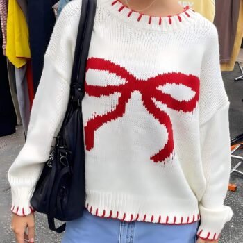 Bow Jacquard Loose Pullover Sweater