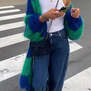 Lazy Style Contrast Striped Sweater Long Coat