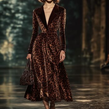 ã€?4-hour shipping out】Lapel Fashion Party Leopard Print Velvet Long Sleeve Midi Dress