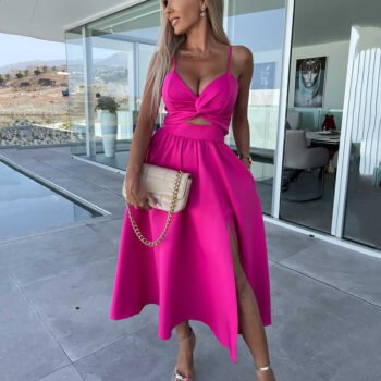 Vanette - Elegant Strappy Front Slit Midi Dress