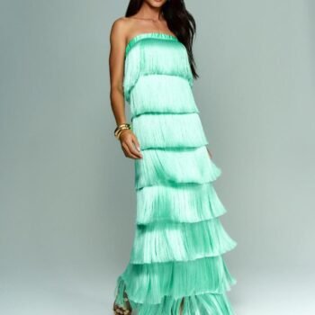 Strapless Fringe Satin Gown